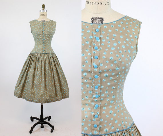 1950s rose print cotton dress small medium | vint… - image 1