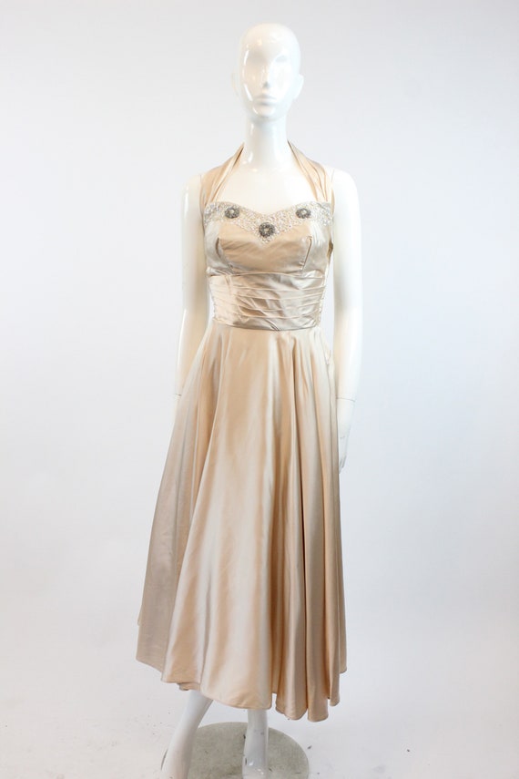 1950s nude satin beaded sequin halter dress | vin… - image 2