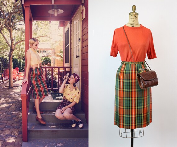 1960s PLAID cotton twill fall PENCIL skirt xs | ne