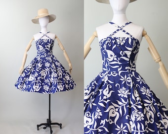 1950s PARADISE HAWAII cotton halter dress xs small | new spring summer