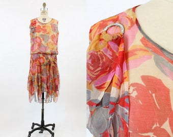 1920s rose print silk dress small medium | vintage 20s handkerchief hem