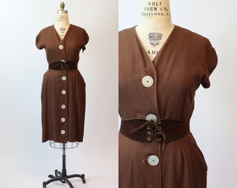 1950s chocolate LINEN BUTTON dress large | new spring summer