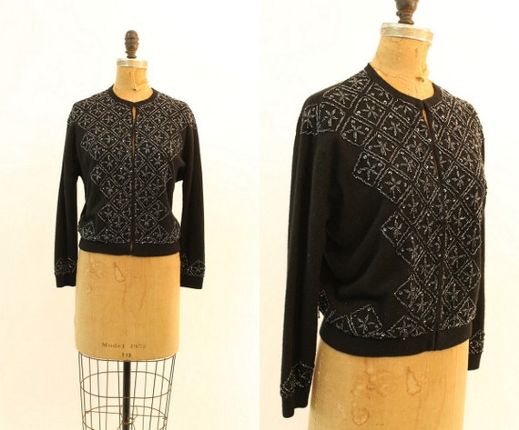 1950s beaded cardigan | vintage wool sweater | med