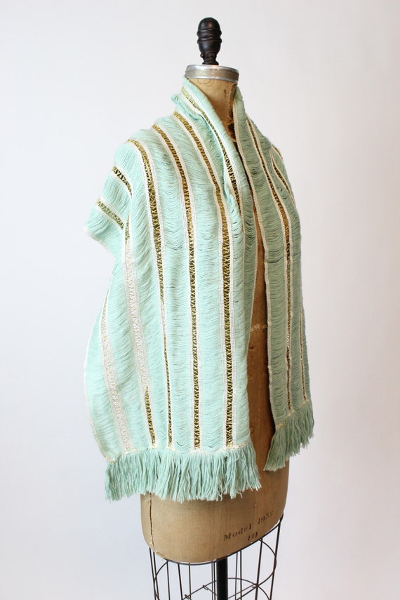 1950s gold and pistachio scarf | vintage fringe w… - image 5