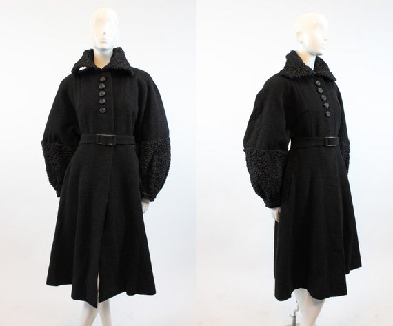 1930s wool boucle coat huge balloon sleeves | fur