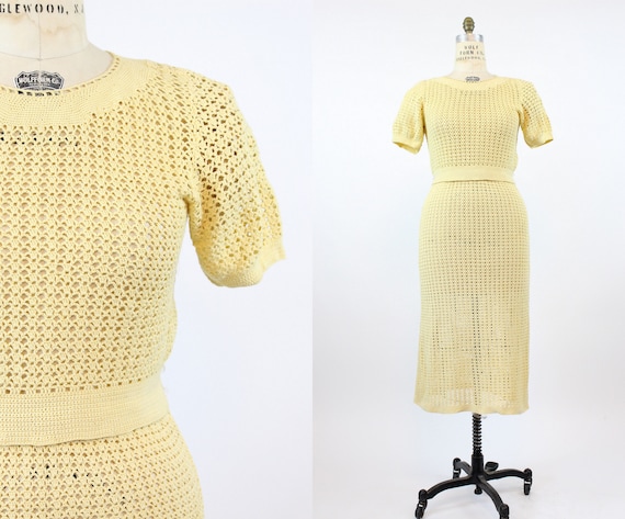 1930s knit set | top and skirt crochet wool | medi