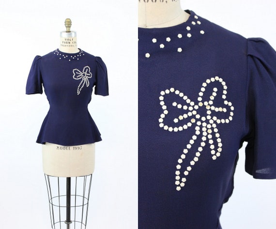 1930s blouse white studs | 1940s peplum top bow xs