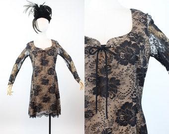 1970s BILL BLASS black lace nude silk corset dress medium | new winter