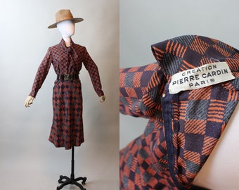 Vestido geométrico de París de Pierre Cardin, años 70, talla pequeña / novedad otoño invierno