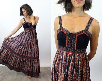 Década de 1970 GUNNE SAX repollo rosa corsé maxi vestido xss / nueva primavera verano