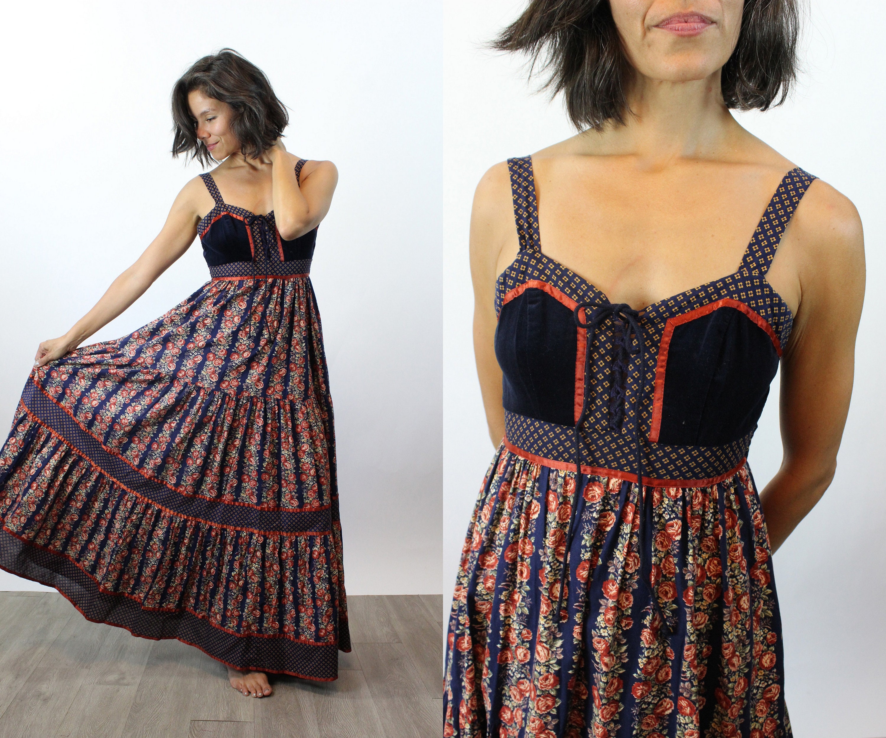 1970s GUNNE SAX Cabbage Rose Corset Maxi Dress Xss | New Spring