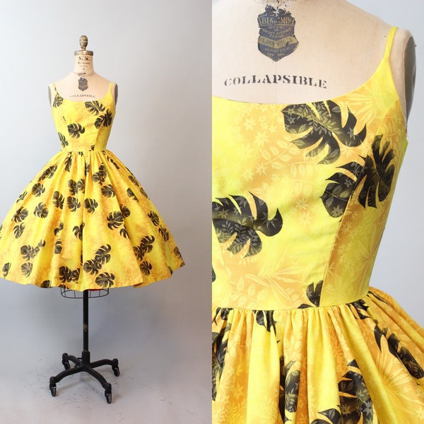1950s Kamehame Yellow Cotton Print Hawaiian Sun Dress