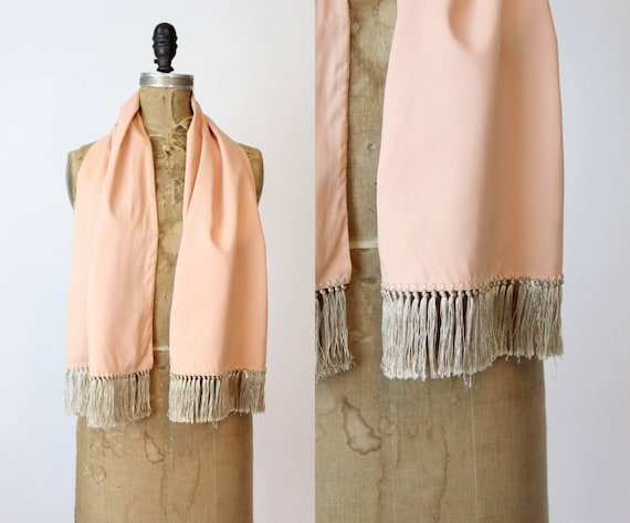 1940s peach rayon fringed scarf  | vintage wrap - image 1