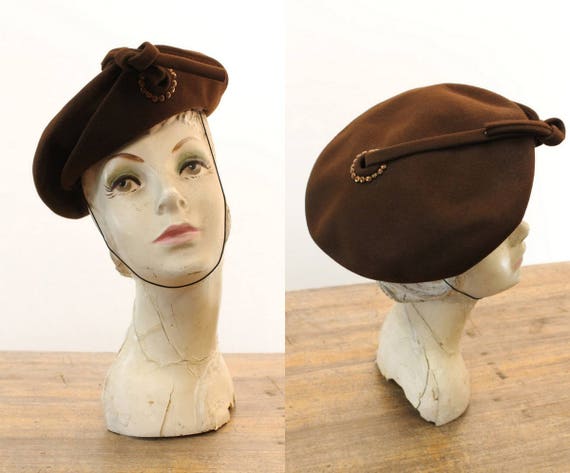 1940s studded hat | vintage wool tilt | beret - image 1