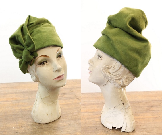 1940s turban hat | green wool | fold over