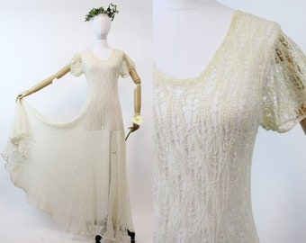 1930s spiderweb lace knit dress | vintage wedding dress | small medium