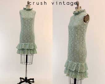 60s Lace Dress XS / 1960s Ruffle Shift Dress / Mint Apple Candy Dress