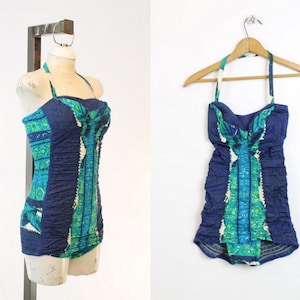 1950s Miss Hawaii swimsuit xs | batik cotton halter one piece swimwear