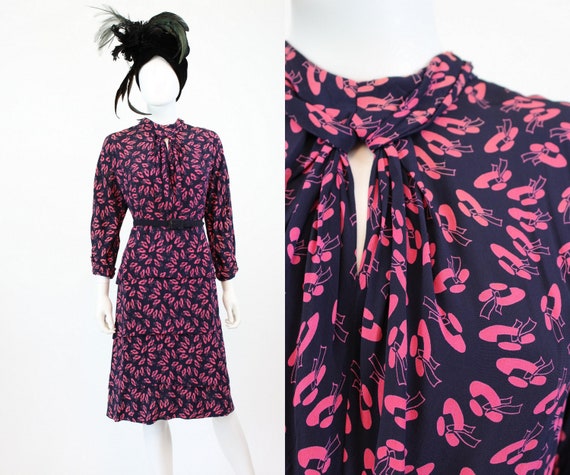 1940s sun hat print novelty dress small | vintage