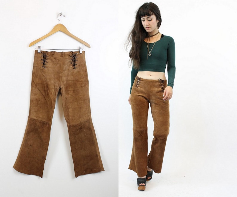 vintage deerskin bell bottoms 1970s suede lace up pants xs