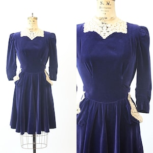 1940s NEW YORK CREATION blue velvet silk dress xs  | new fall winter