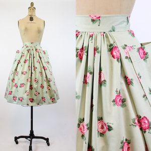 1950s rose print skirt xs | vintage cotton full skirt pockets | new in