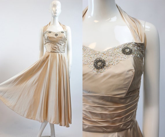 1950s nude satin beaded sequin halter dress | vin… - image 1