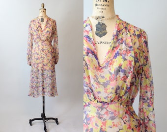1930s SHEER tissue silk BALLOON SLEEVES floral dress xs small | new spring summer