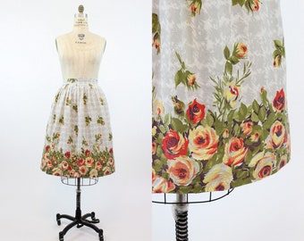 1950s rose print skirt | border print | medium