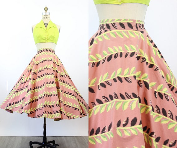 1950s CHARTREUSE vine print circle skirt xs | new… - image 1