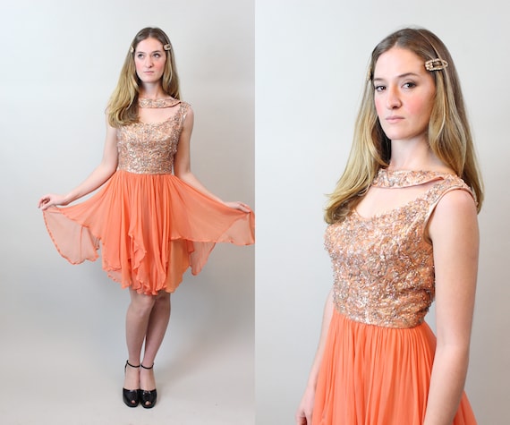 1960s CORAL GEM Beaded Silk Chiffon Dress Xs | New Spring Summer - Etsy