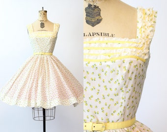 Década de 1950 YELLOW ROSE estampado COTTON vestido de falda completa xs / nueva primavera verano