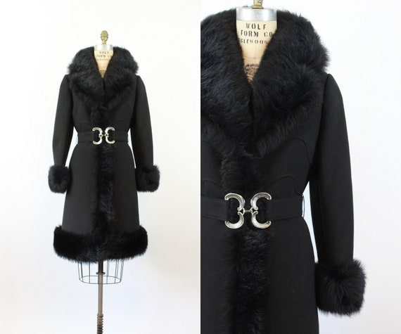 1960s black FAUX FUR belted coat medium | new win… - image 1