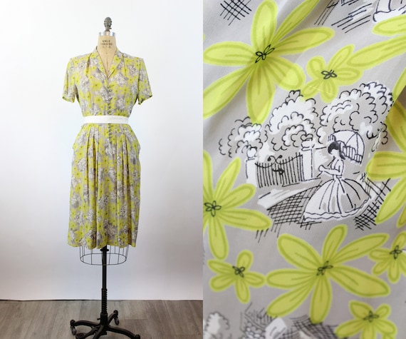 1940s BALLERINA rayon novelty print dress medium … - image 1