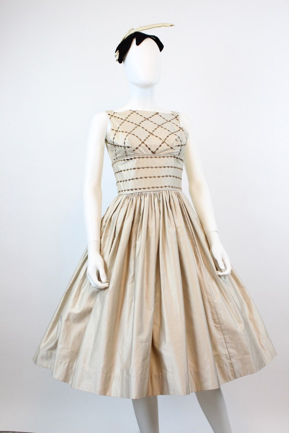 1950s CANDI JONES polished cotton GOLD dress xxs … - image 2