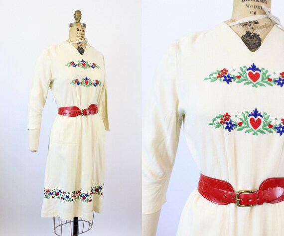 1930s JANE WHITNEY heart embroidered dress medium… - image 1