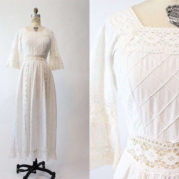 1960s white maxi dress wedding xs small | vintage white cotton and lace dress