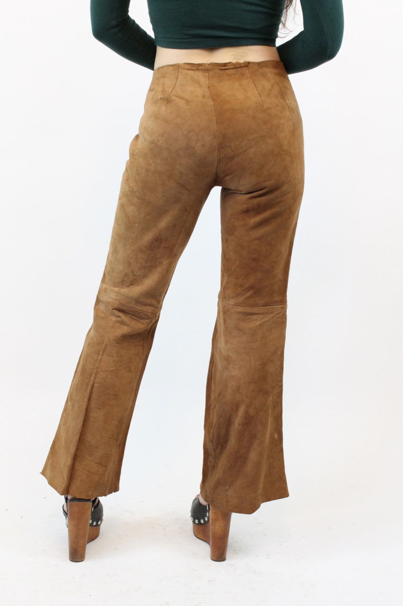 vintage deerskin bell bottoms 1970s suede lace up pants xs
