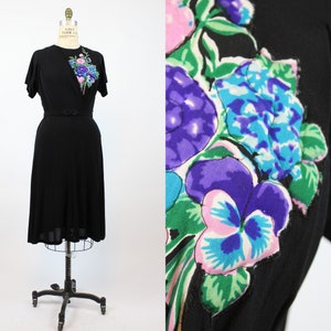 1940s quilted applique rayon dress large | vintage floral dress | new spring summer image 1
