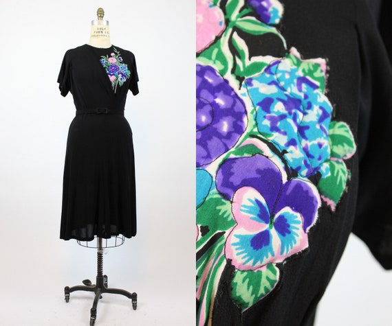 1940s quilted applique rayon dress large | vintage