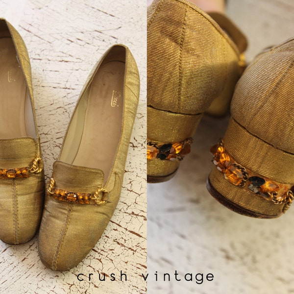 60s Authentic GUCCI Loafers / 1960s Gold Gucci Shoes / Dazzle Me Pumps