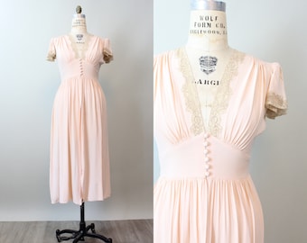 1940s PEACH rayon lace FLUTTER SLEEVE robe nightgown small | new spring summer