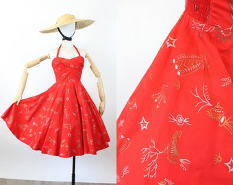1950s HAWAIIAN metallic under the SEA cotton dress xs | new spring summer summer
