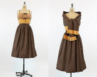 1950s cotton dress xs | vintage sun dress with fringe shawl  | new in