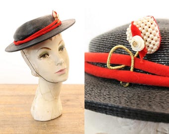 1950s Bon Marche straw boater hat | pearl heart tilt hat