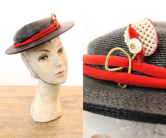 1950s Bon Marche straw boater hat | pearl heart ti