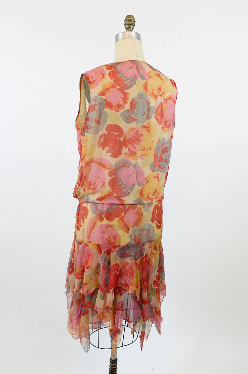 1920s rose print silk dress small medium vintage 20s handkerchief hem image 4