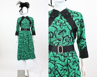 1940s green squiggle print dress xs | vintage rayon dress | new in