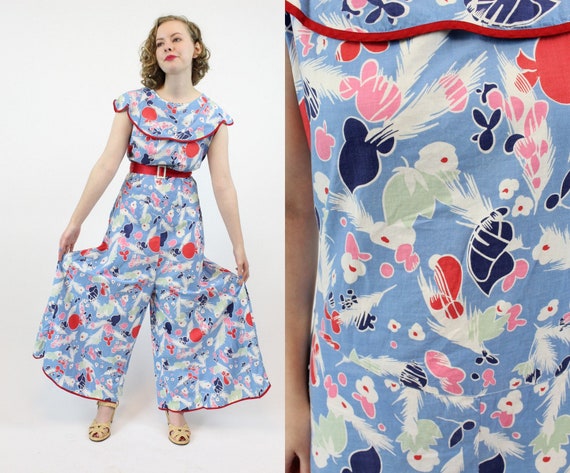 1930s beach pajamas feather print | vintage novelt