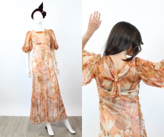 1930s CHIFFON puff sleeve gown dress xs | new win… - image 1
